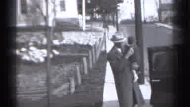New York (1939): Man Carrying Child On Sidewalk House In Background