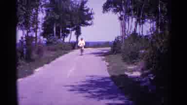 Michigan USA (1960): Person Perls Bicycle Down Deserted Road That Passes Between