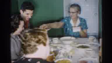 New Jersey (1958): Man Holds Potter Of Food S Elderly Woman Passes Out Napkins At
