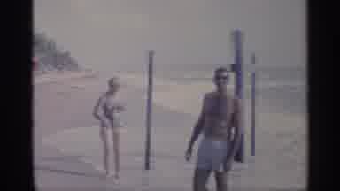 California (1959): Two Guys And One Lady In Swimsuits On Beach Rough Surf Rolls In