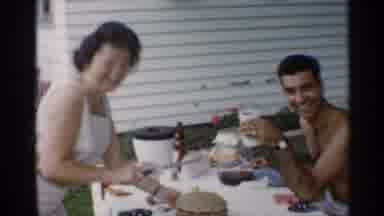 Indiana (1959): Vintage Tape Picnic Table 2 People Cake Cutting Outside In Yard