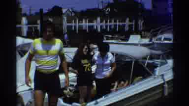 New York (1973): Vintage Family Summer Boat Posing For Picture Family Sunny Marina