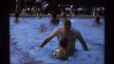 New York (1973): Swimming Pool Dad Child Swim Under Public Handstand Crowd Summer