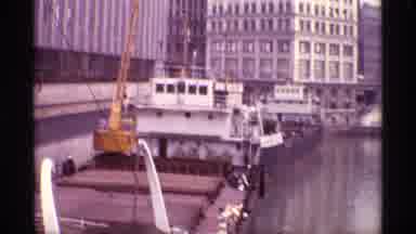 Chicago Illinois (1968): Unloading Cargo Ship In Port Near Building Using Large