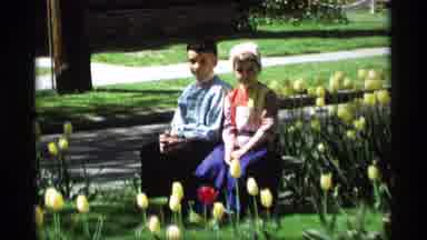 Holland Michigan (1969): Children Sitting On Bench In Park With Yellow Red And