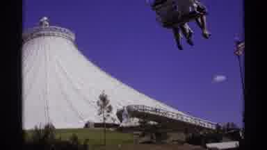 Worlds Fair Seattle-1974: Couple in Aerial Car Near Geodesic Dome