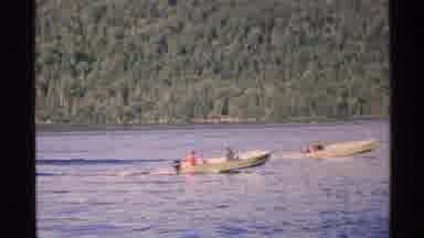 Isle Royale Michigan (1972): Two Yellow Speed Boats Race Ahead