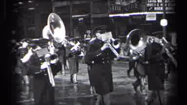 Cleveland Ohio (1937): Marching Band Playing Their Instruments Down The Road