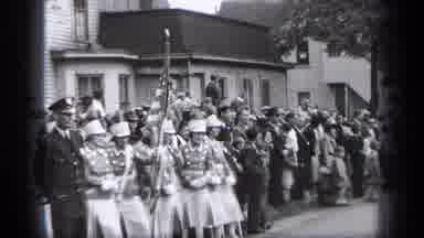 Cleveland Ohio (1937): Crowd And Women In Uniforms With Hats And Flag Standing