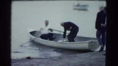 Boston Mass (1951): Older Men Rowing Boat In Port Water Into Flat Sandy Shore