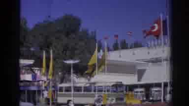 Izmir Turkey (1962): Bus Depot Numerous Flags Buses Parked Trees Large White