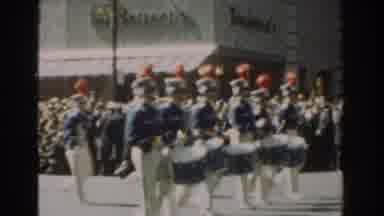 New York City (1962): Guys Marching Band Parade Playing People Watching In Red