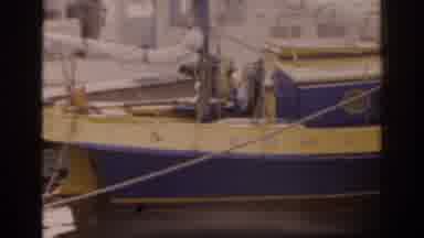 Florida USA (1963): View Of Blue And Yellow Boat Docked At Wooden Pier On A Clear