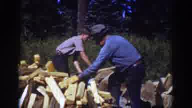 Lake Tahoe California (1939): Men Chopping Wood Teamwork Stacking Woodpile Axed