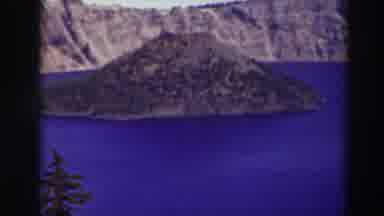 Crater Lake Oregon (1937): Misty Mountains In Blue Lake With A Island In Center