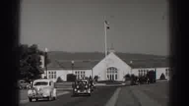 Bonneville Dam Oregon (1938): Old Cars Leaving A Great White House