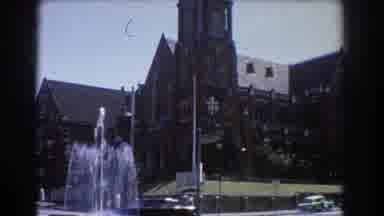Brisbane Australia (1967): View Of Water Fountain Near Brown Cathedral On A Bright