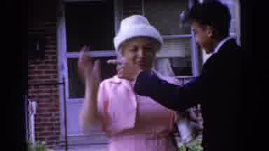 Bel Air Maryland (1960): Leaving Dress Purse Pearls Hat Hand Laugh Doorman