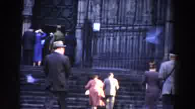 BARCELONA SPAIN-1959: People Ascending Cathedral Steps and a Grand Fountain