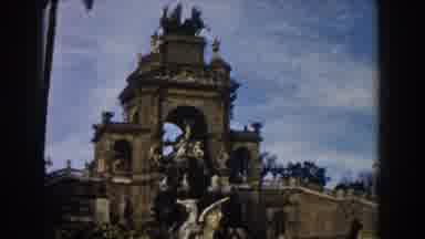 BARCELONA SPAIN-1959: Grand Fountain With Equestrian Statue And Ornate European Architecture