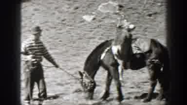 California (1938): Man Leads Grazing Horse Away From Grass With Cargo Supplies