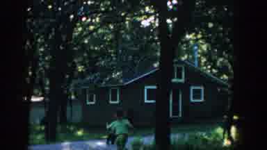 Wisconsin (1957): Woman Wearing Blue Dress Walks Past Two Trees On A Clear Day