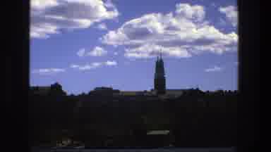 Stockholm Sweden (1975): Beautiful Sky rise Building In The Blue Fluffy Background
