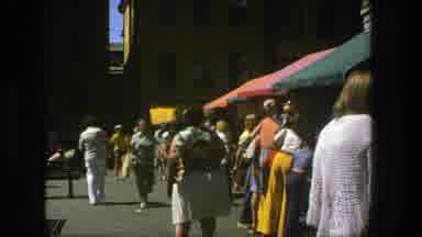 Stockholm Sweden (1975): Women People Colors Market Nostalgia Heavy Dress Awning