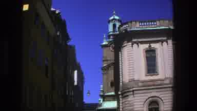 Stockholm Sweden (1975): View Of Tan And Turquoise Clock Tower On A Bright Sunny