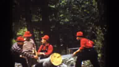 Chelan Washington (1939): Four Men Wearing Orange Clothes Working Relaxed And