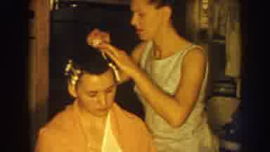 Nebraska (1959): Woman Puts Curlers Into Boys Hair Boys Sits In Chair Woman