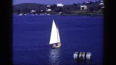 New York (1948): Sail Boat With Sails Up Floating On Bright Blue Water Along A