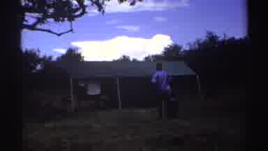 Nigeria-1969: Man Walking With Bag To Tent In Woods