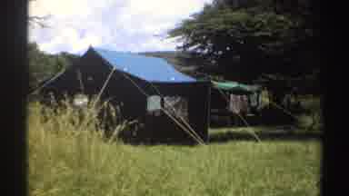 Nigeria (1969): Hut Bush Clothes Clothesline Trees Clouds Ropes Blue Green Camp