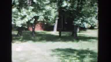 Wisconsin (1953): View Of Red Brick Structure Behind Green Tree On A Sunny Day
