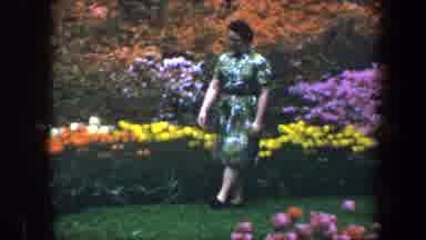 Baltimore Maryland (1960): Woman In Green And White Print Dress Walks By Flower