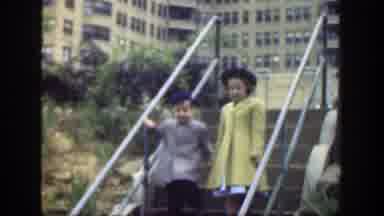 Cincinnatti Ohio (1949): Cute Pair Of Kids Coming Down The Stairs Holding Each