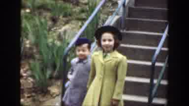 Cincinnatti Ohio (1949): Brother And Sister Walking Down Steps With Mother