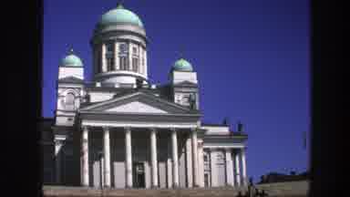 Sweden-1975: View Of White Building With Turquoise Domes Against Blue Sky