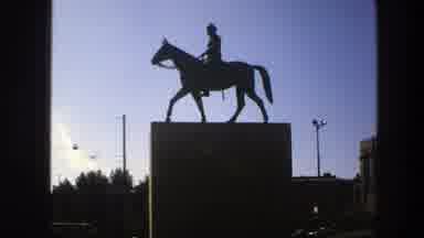 Sweden (1975): Film Of A Metal Statue Of A Man On A Horse In The City