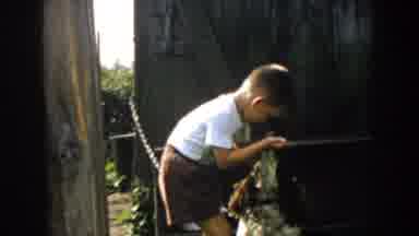 Michigan (1958): Small Boy Is Seen Outdoors With A Dog On A Chain And A Gate And