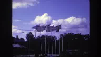Copenhagen Denmark (1975): Six Or So Flags Are Seen Outside Outdoors In The