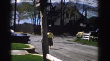 Michigan (1959): Older Woman In A Skirt Walking Down A Residential Street With A