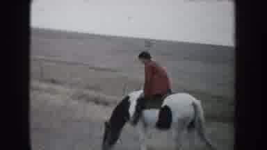 South Dakota (1953): Woman Sits On Saddle On Back Of White Horse With Brown Spots