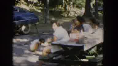 Nevada (1954): Family Picnic Outdoors Park Table Kids Women Men Bench Car Trees