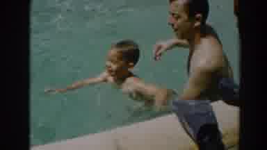 North Hollywood California (1961): A Man Plays With His Son Wife And Dog In A Pool