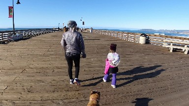 PISMO BEACH CALIFORNIA-2019: A Mother Child And Dog Walks On A Wooden Brown Walkway