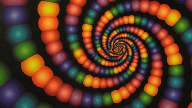 Spiraling Rainbow Connected Spheres Rotate Clockwise With A Dark Black
