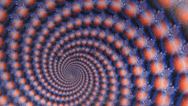 Moving Spiral Of Interlocking Spheres Clockwise With Red And Purple Colors