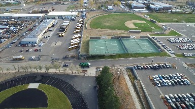 HIDDEN LAKE COLORADO-2016: An Aerial View Of Tennis Courts And A Baseball Field